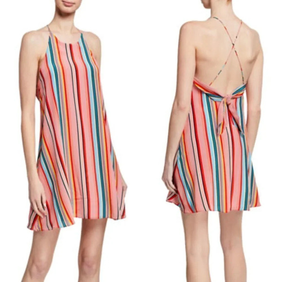 Alice + Olivia Kalia Multi Striped Halter Ribbon Tie-Back Mini Dress Size M - Picture 1 of 6